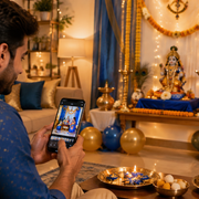 Person creates a privacy-conscious festive portrait during a Janmashtami celebration