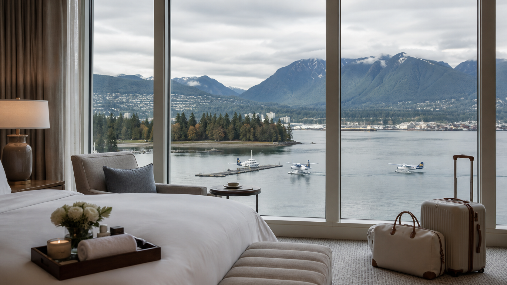 Vancouver luxury hotel room overlooking Coal Harbour with mountains, seaplanes and spa details