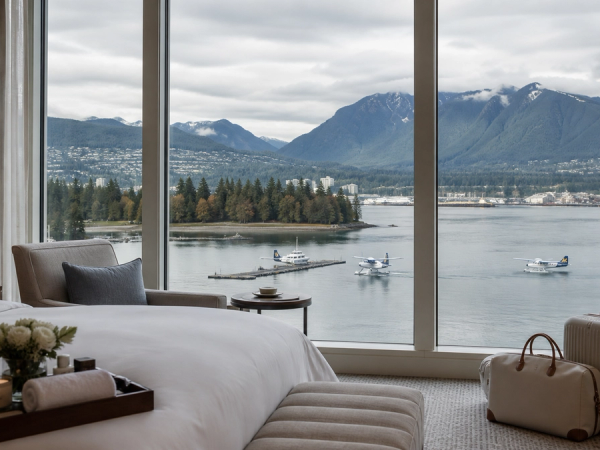 Vancouver luxury hotel room overlooking Coal Harbour with mountains, seaplanes and spa details