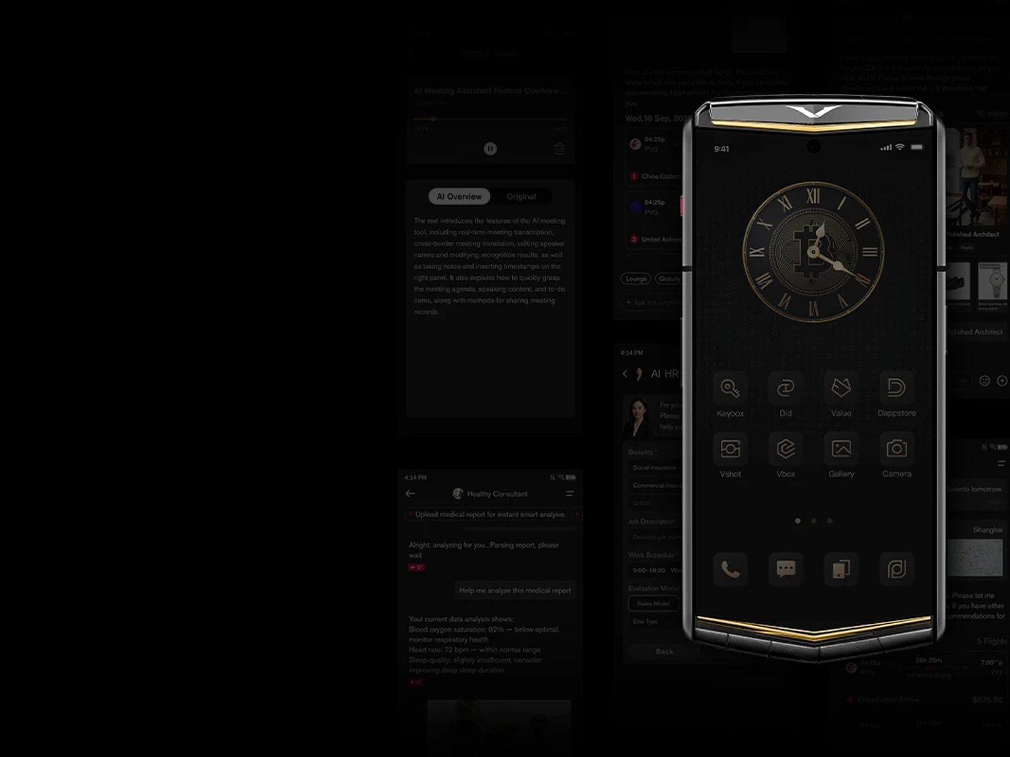 A close-up of the intricate user interface on a VERTU smartphone screen, displaying AI-driven elements.
