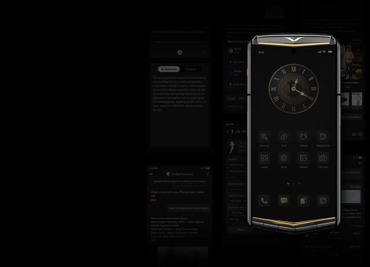 A close-up of the intricate user interface on a VERTU smartphone screen, displaying AI-driven elements.