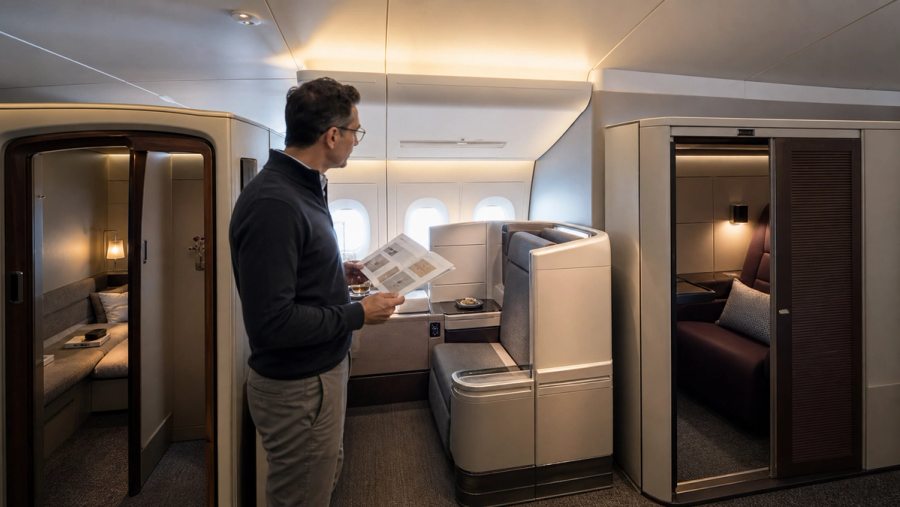 Traveller comparing first-class suite layouts and route options