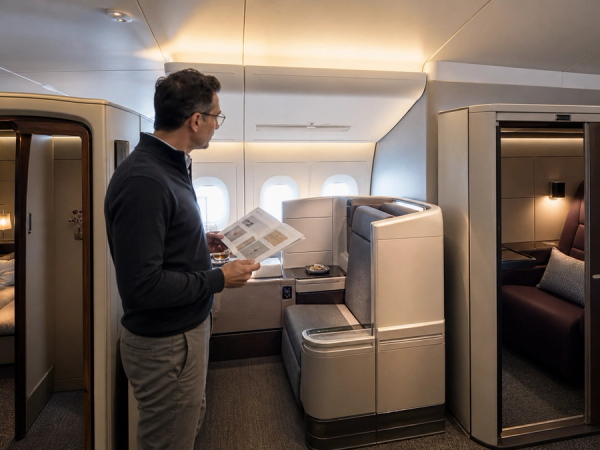 Traveller comparing first-class suite layouts and route options