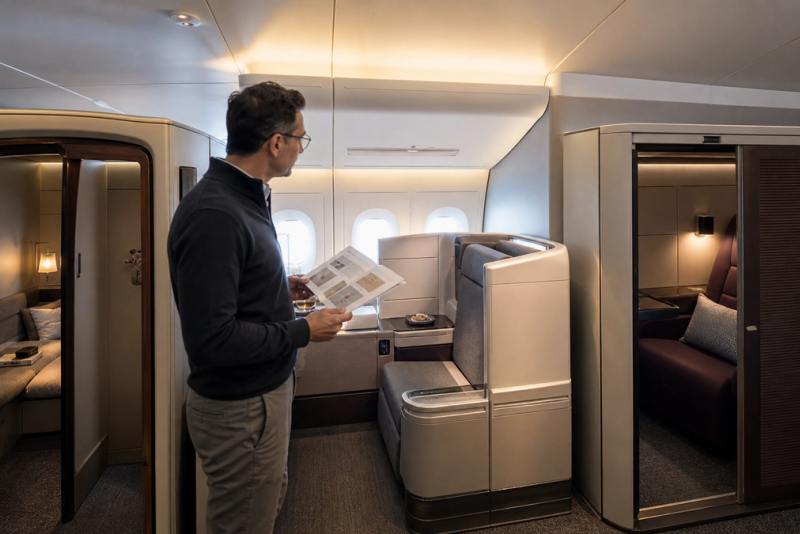 Traveller comparing first-class suite layouts and route options