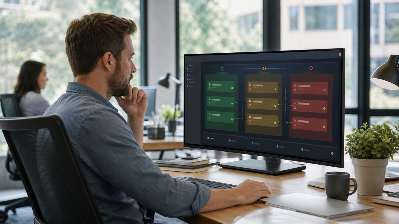 Engineer reviewing sandbox, approval and production lanes for an AI coding workflow