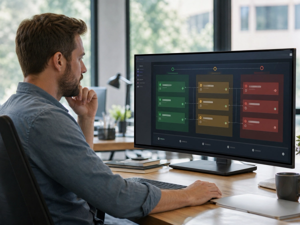 Engineer reviewing sandbox, approval and production lanes for an AI coding workflow