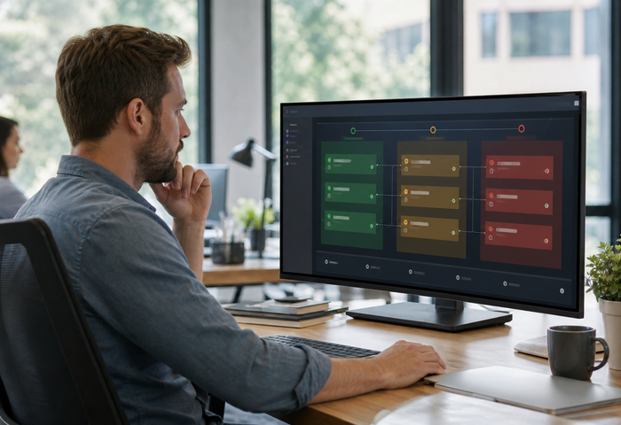 Engineer reviewing sandbox, approval and production lanes for an AI coding workflow