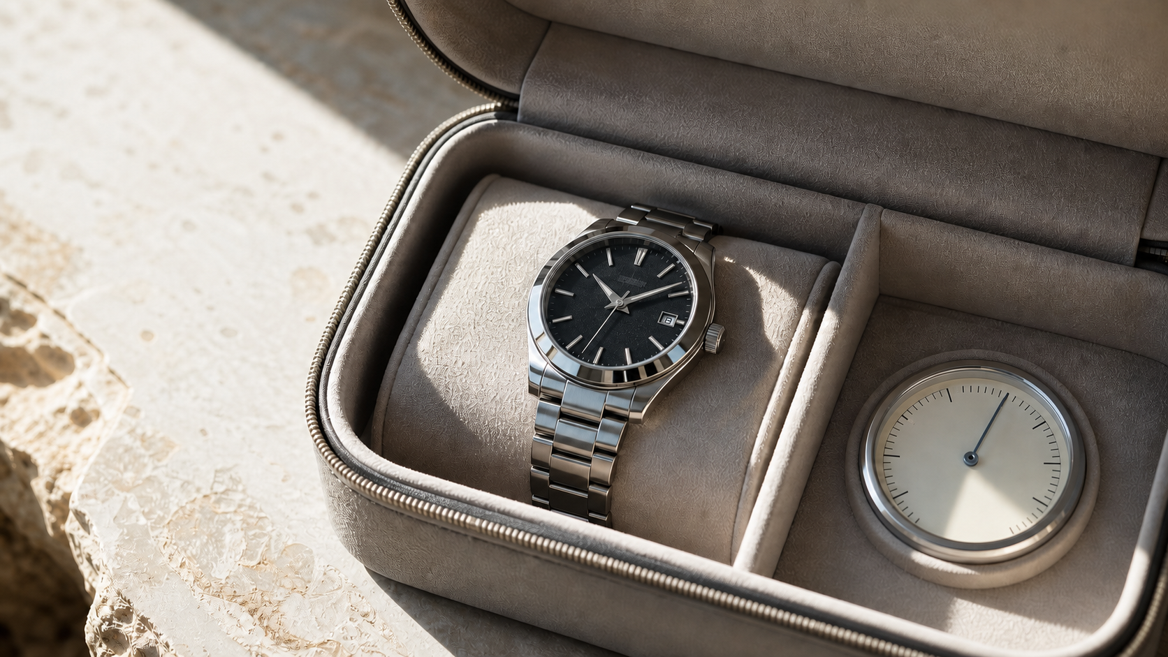 A mechanical watch resting in a shaded travel case beside a temperature gauge, with condensation and direct sun clearly avoided