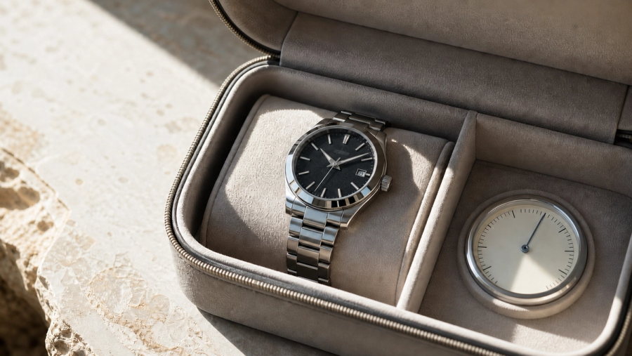 A mechanical watch resting in a shaded travel case beside a temperature gauge, with condensation and direct sun clearly avoided
