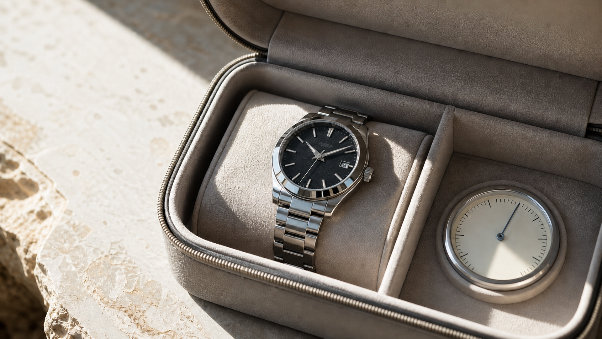 A mechanical watch resting in a shaded travel case beside a temperature gauge, with condensation and direct sun clearly avoided