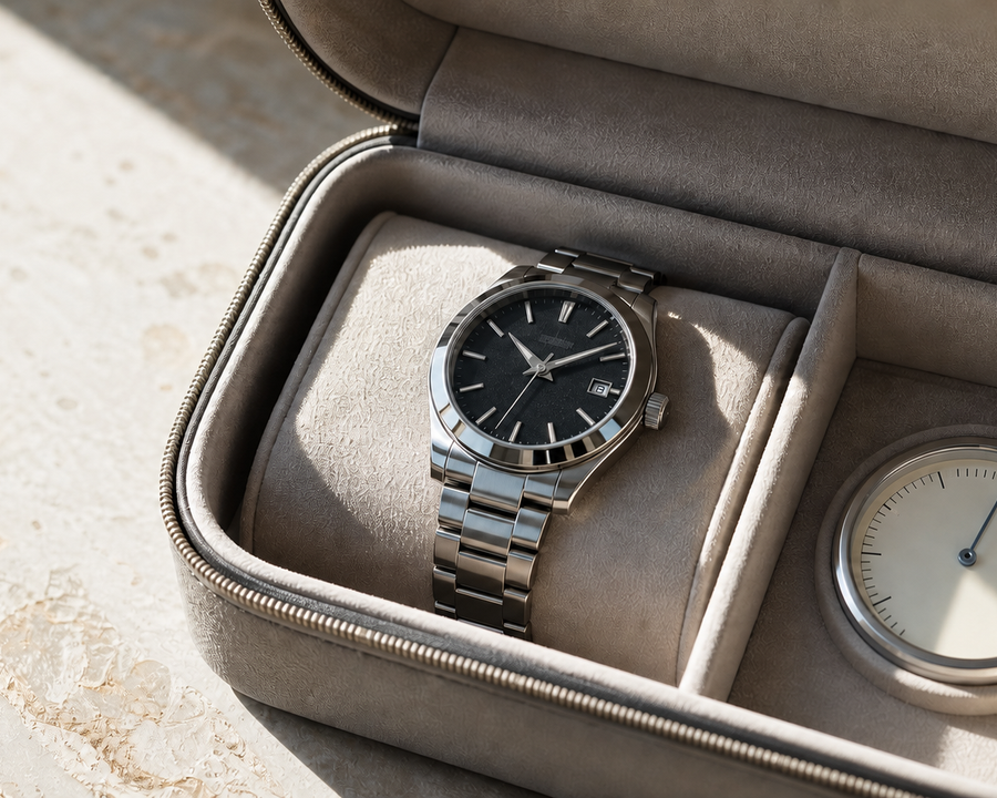A mechanical watch resting in a shaded travel case beside a temperature gauge, with condensation and direct sun clearly avoided