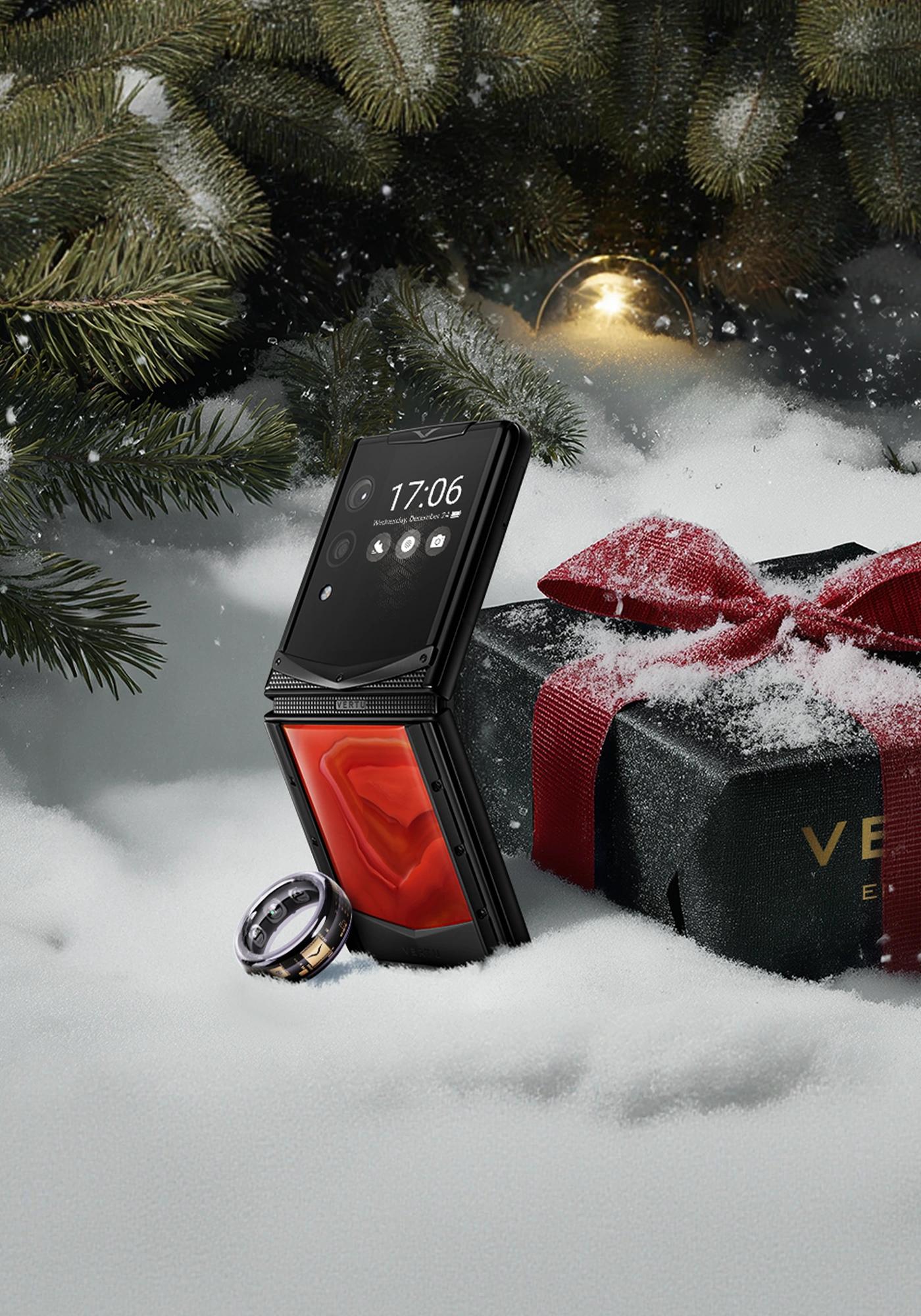 A VERTU foldable phone showcased in a luxurious setting, highlighting its elegant design.