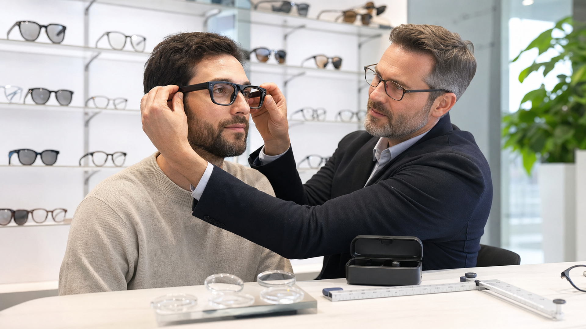 An optician fitting unbranded smart glasses beside lens samples, pupillary-distance ruler and charging case, bright clinical retail setting, no logos or text