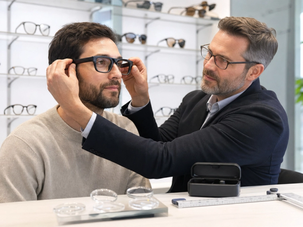 An optician fitting unbranded smart glasses beside lens samples, pupillary-distance ruler and charging case, bright clinical retail setting, no logos or text