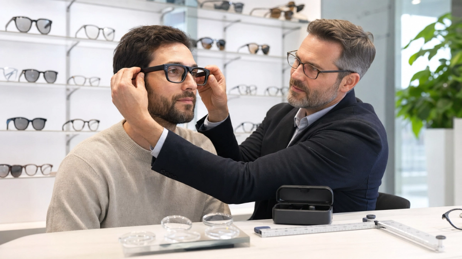 An optician fitting unbranded smart glasses beside lens samples, pupillary-distance ruler and charging case, bright clinical retail setting, no logos or text