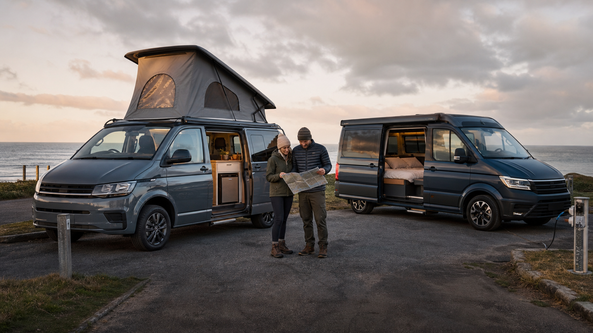 Travellers comparing two premium camper layouts at a coastal campsite