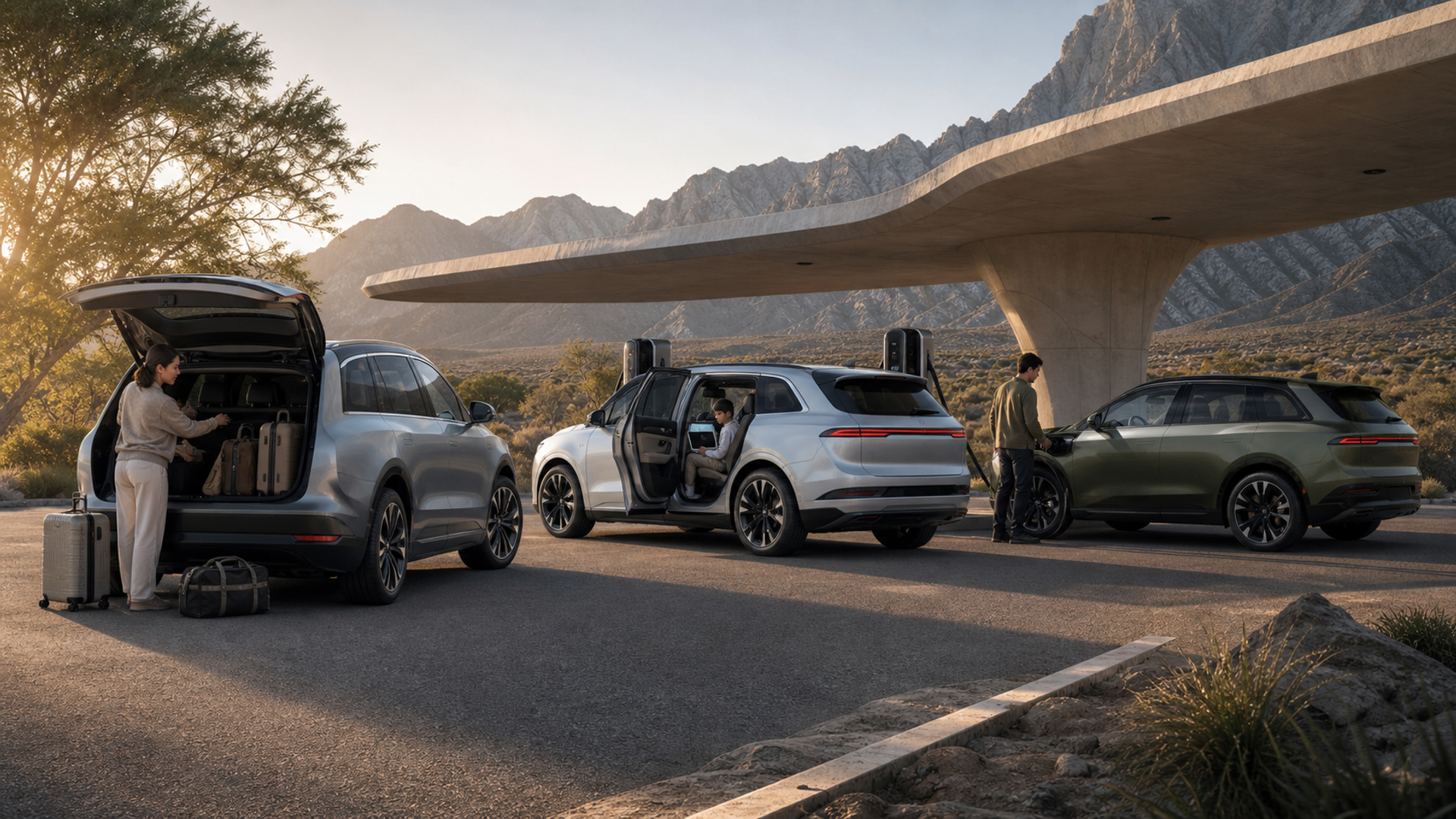 Three luxury electric SUVs compared at a fast-charging road-trip stop