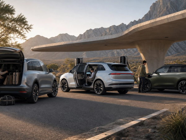 Three luxury electric SUVs compared at a fast-charging road-trip stop
