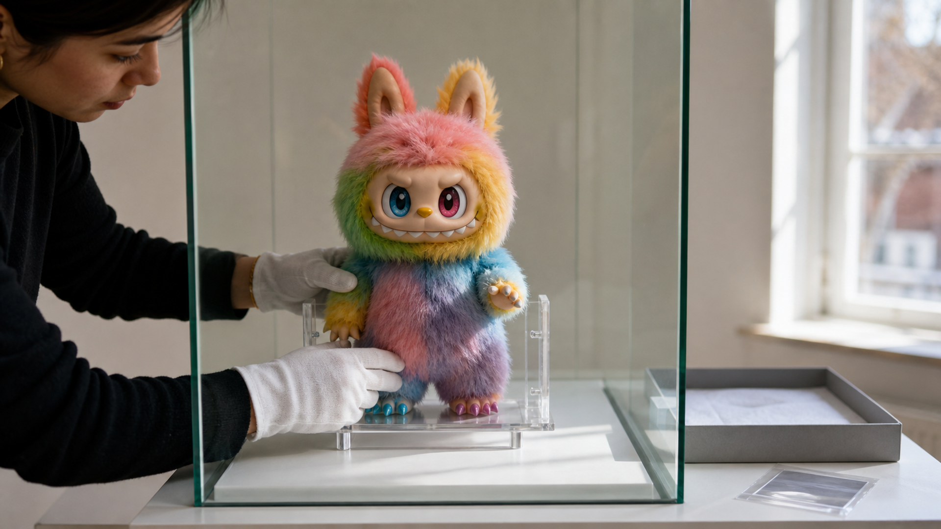 A carefully arranged shelf of whimsical unbranded plush and vinyl collectible creatures in UV-filtered display cases with archival tags and humidity monitor, no logos or text