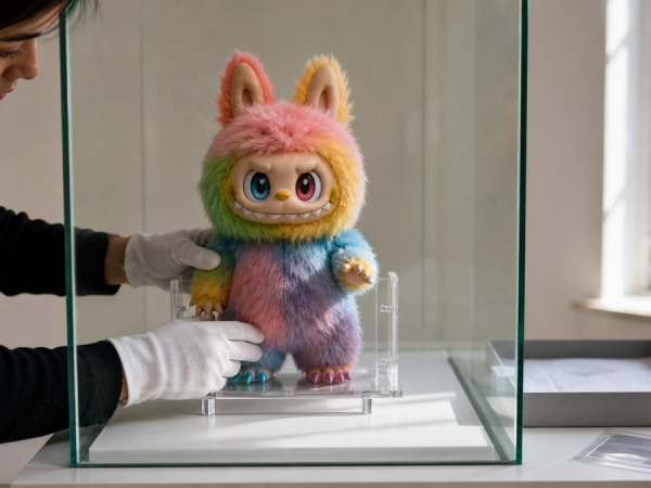 A carefully arranged shelf of whimsical unbranded plush and vinyl collectible creatures in UV-filtered display cases with archival tags and humidity monitor, no logos or text