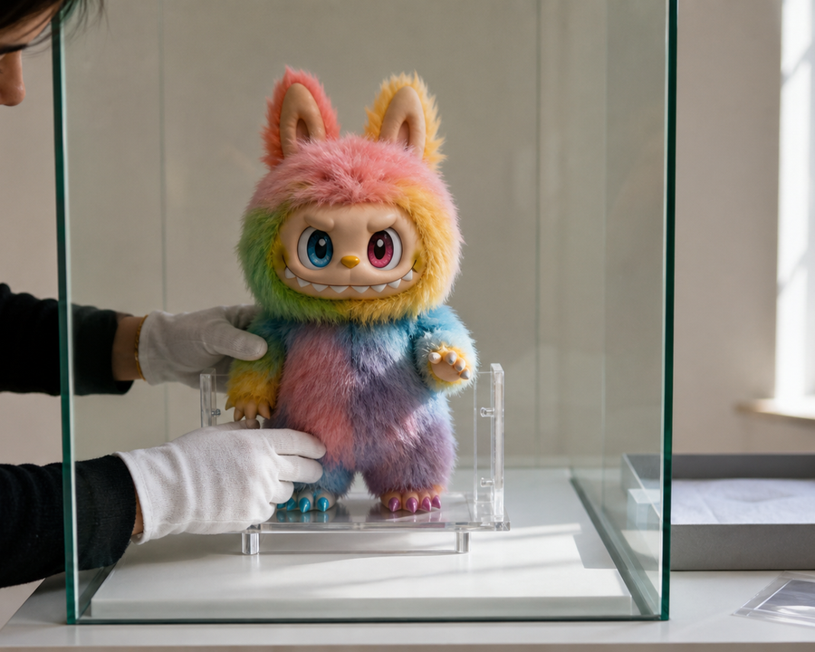 A carefully arranged shelf of whimsical unbranded plush and vinyl collectible creatures in UV-filtered display cases with archival tags and humidity monitor, no logos or text