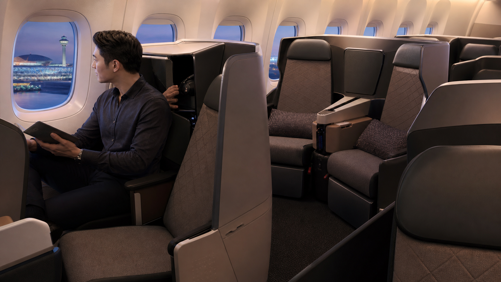 Traveller comparing direct-aisle seat types in a next-generation business-class cabin