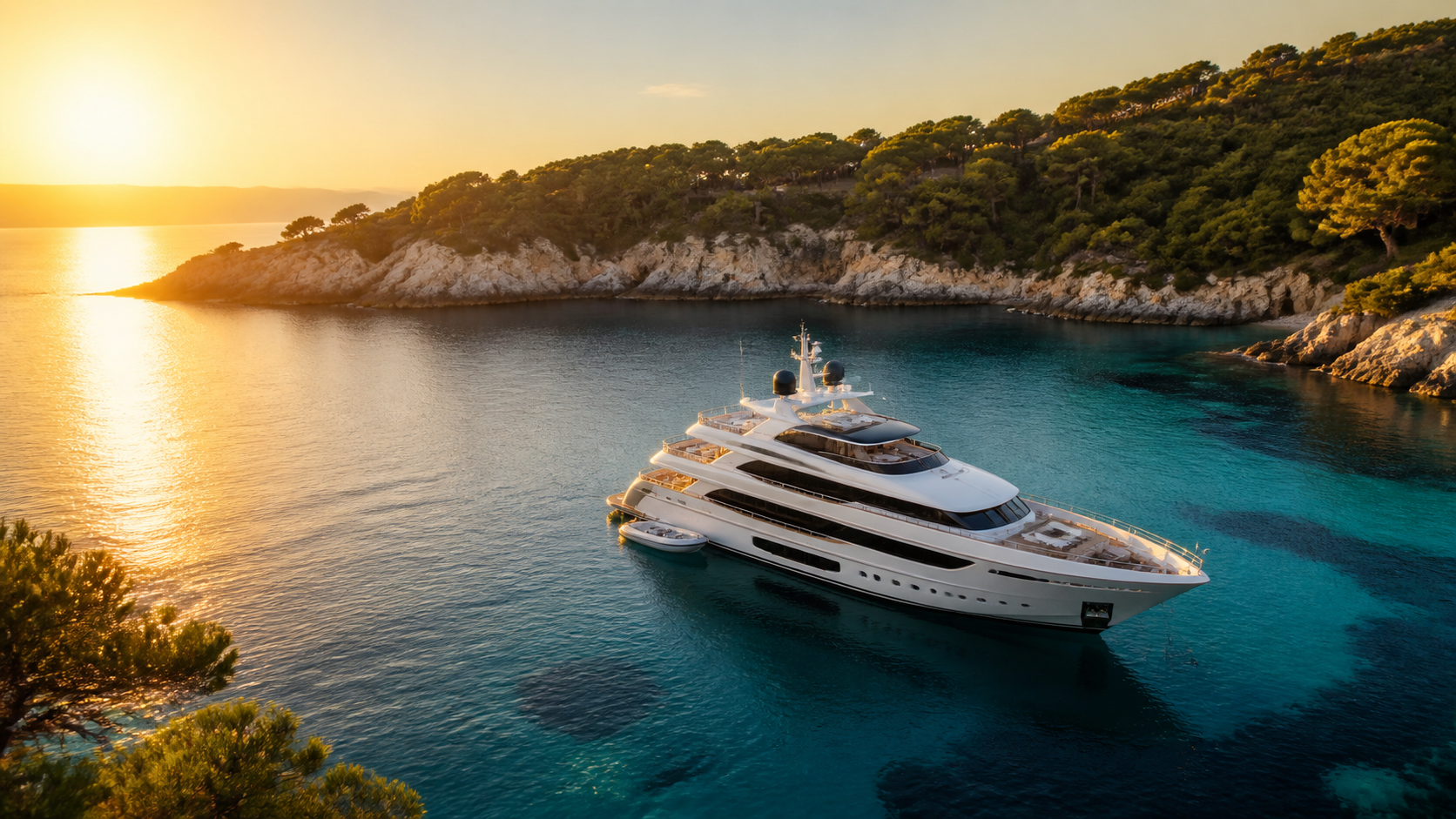 Superyacht at anchor representing base charter rate, operating expenses and itinerary cost