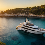 Superyacht at anchor representing base charter rate, operating expenses and itinerary cost