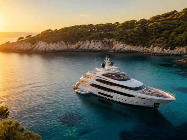 Superyacht at anchor representing base charter rate, operating expenses and itinerary cost