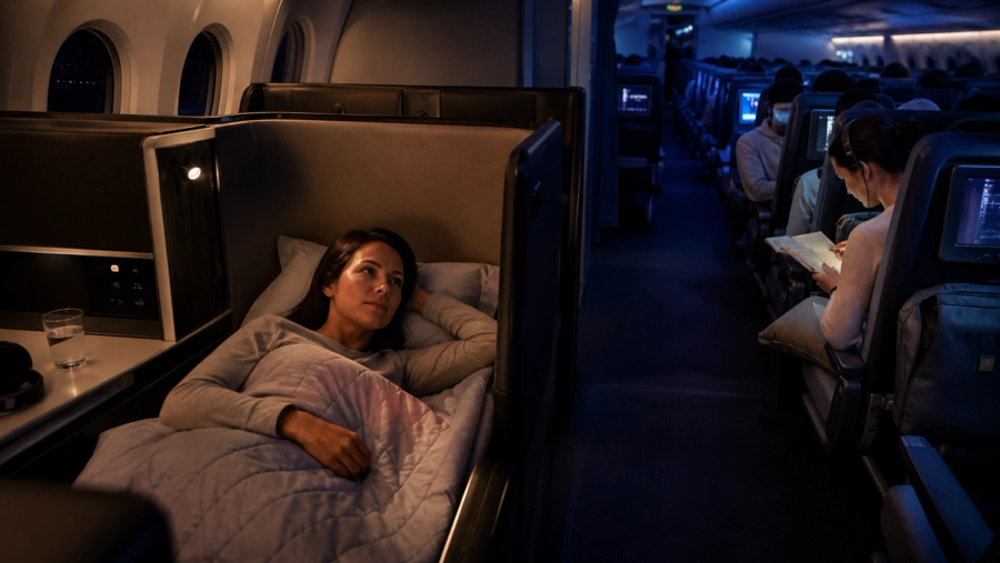 A route-specific comparison between a lie-flat business seat and an economy travel setup