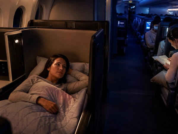A route-specific comparison between a lie-flat business seat and an economy travel setup