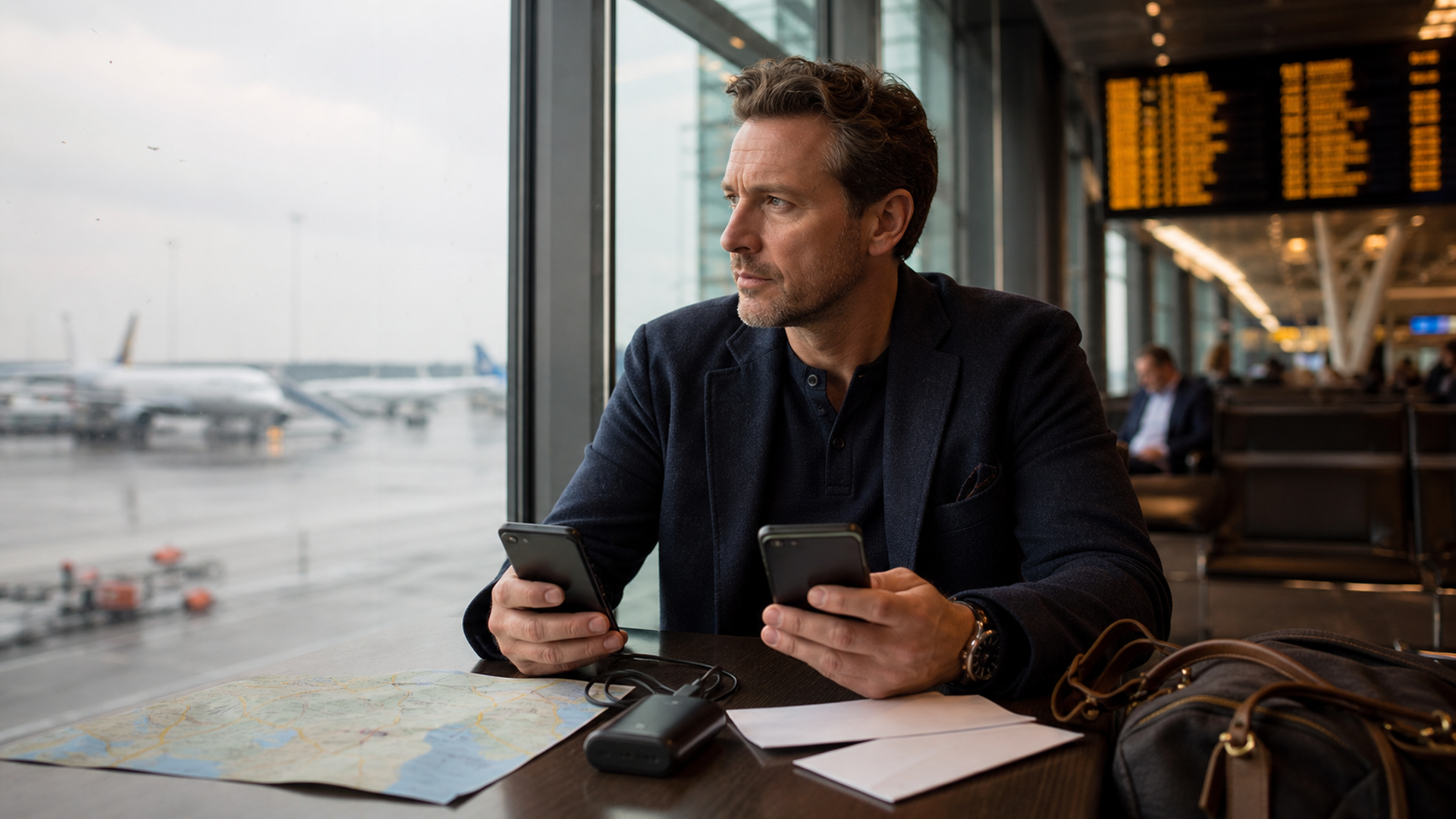 An executive at an airport window with two unbranded phones, paper boarding documents, offline map and compact charger while departure boards blur in background, no readable text