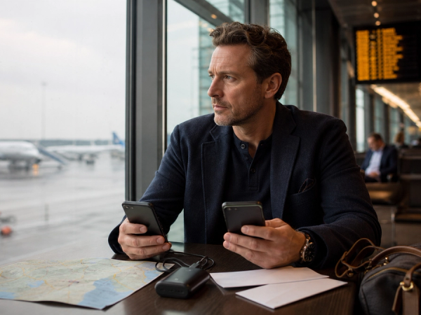 An executive at an airport window with two unbranded phones, paper boarding documents, offline map and compact charger while departure boards blur in background, no readable text