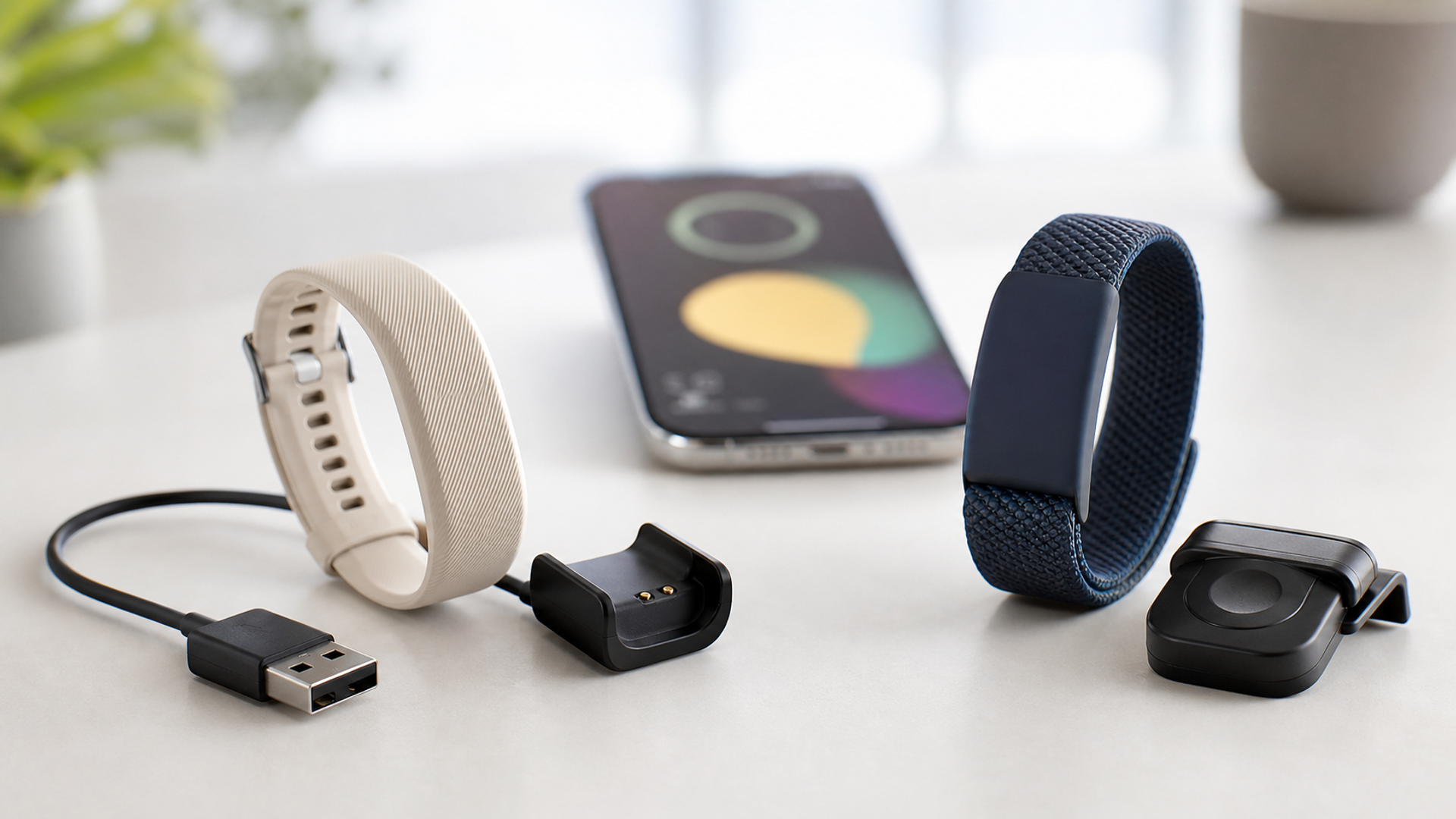 Two unbranded screen-free health bands beside contrasting app-style charts and charging accessories