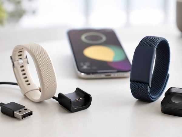 Two unbranded screen-free health bands beside contrasting app-style charts and charging accessories