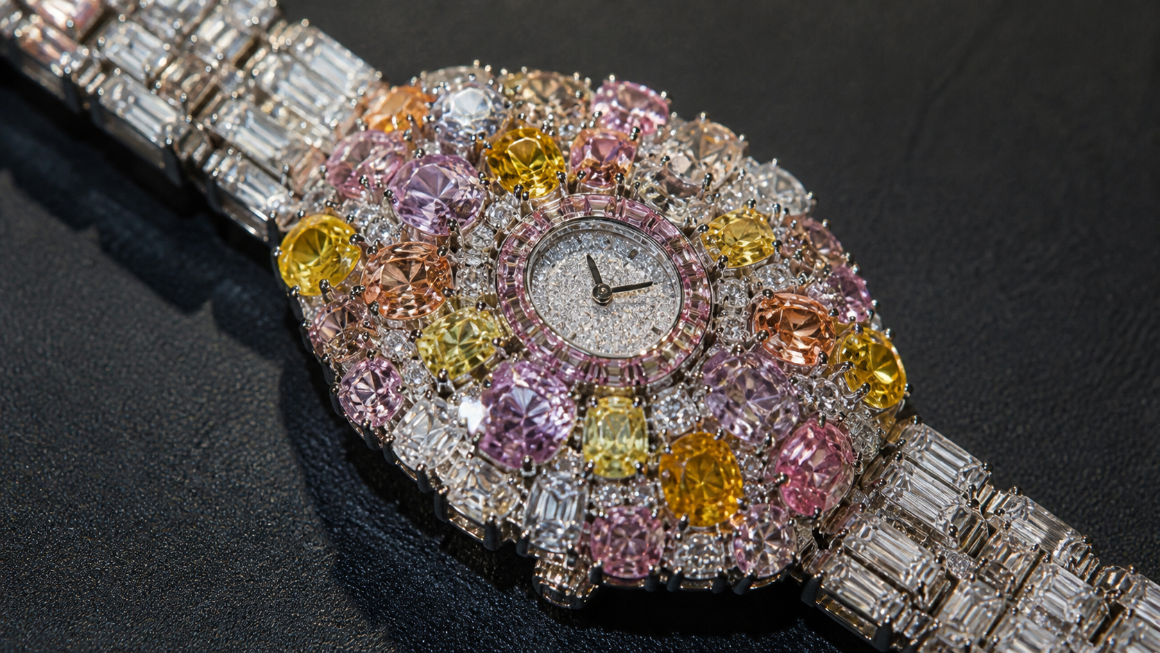 Macro view of a high-jewellery bracelet watch set with many fancy-colour diamonds