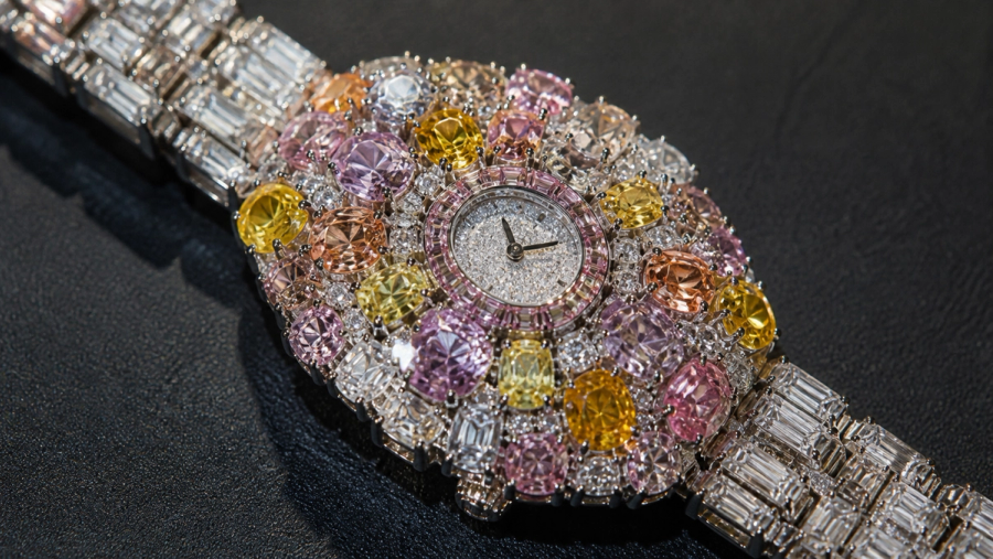 Macro view of a high-jewellery bracelet watch set with many fancy-colour diamonds