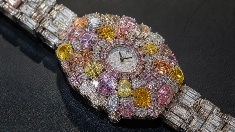 Macro view of a high-jewellery bracelet watch set with many fancy-colour diamonds
