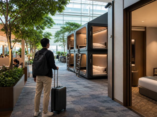 Changi traveller choosing between a transit lounge, nap suite and hotel room