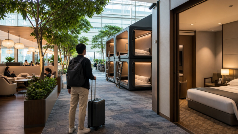 Changi traveller choosing between a transit lounge, nap suite and hotel room