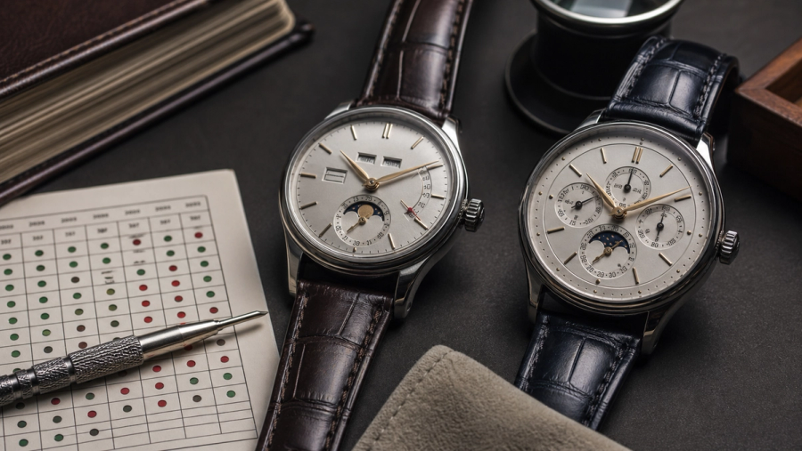 Two fine watch dials showing annual and perpetual calendar layouts beside a leap-year calendar and setting tool