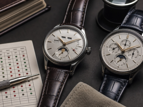 Two fine watch dials showing annual and perpetual calendar layouts beside a leap-year calendar and setting tool