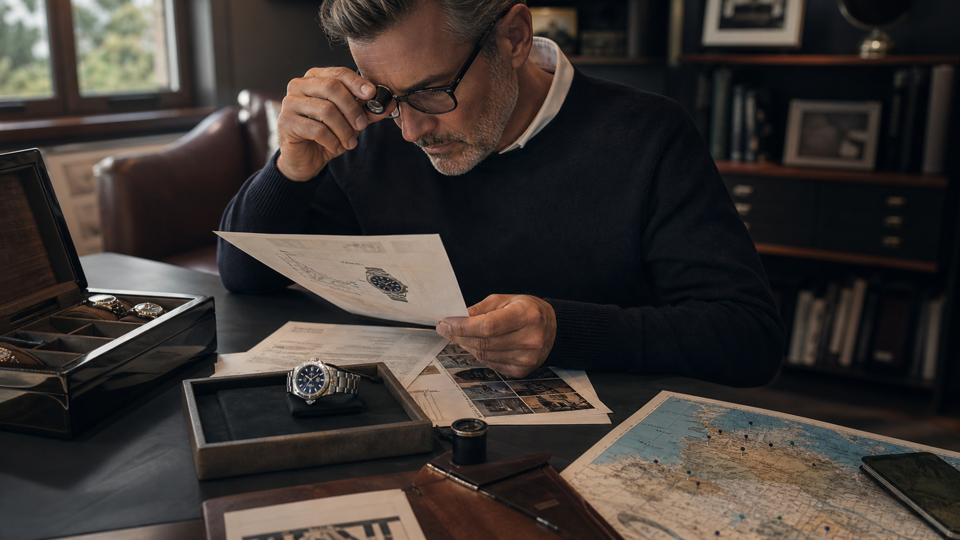 A watch collector reviewing an appraisal, insurance schedule and travel map beside a mechanical watch in a secure private setting
