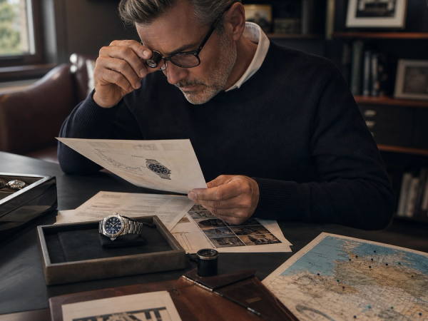 A watch collector reviewing an appraisal, insurance schedule and travel map beside a mechanical watch in a secure private setting