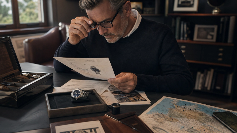 A watch collector reviewing an appraisal, insurance schedule and travel map beside a mechanical watch in a secure private setting