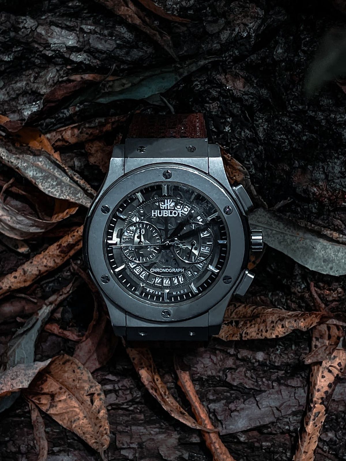 Elegant Hublot watch elegantly placed on rustic autumn leaves, showcasing intricate design and luxury.