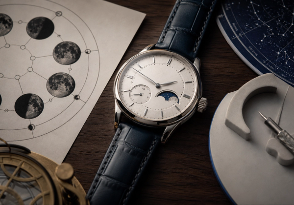 A fine moon-phase watch dial beside a lunar calendar, soft setting tool and night-sky chart on a collector table