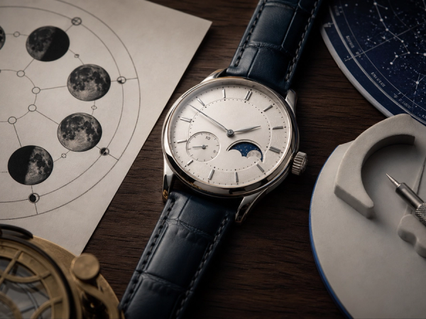 A fine moon-phase watch dial beside a lunar calendar, soft setting tool and night-sky chart on a collector table