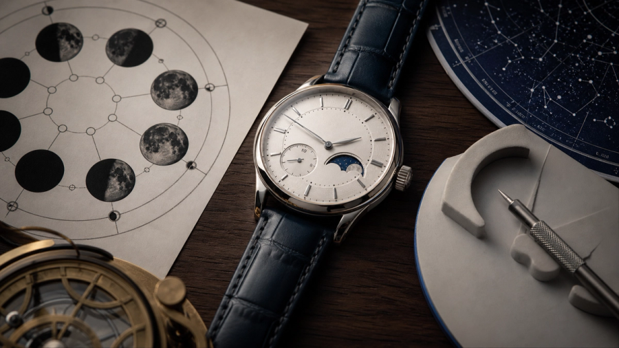 A fine moon-phase watch dial beside a lunar calendar, soft setting tool and night-sky chart on a collector table