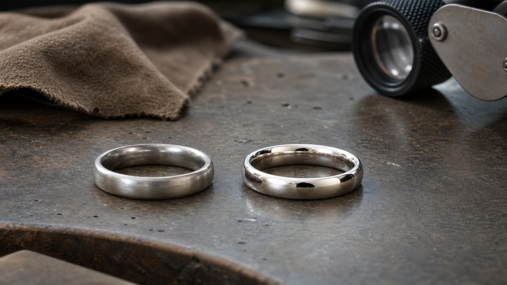 Platinum ring with patina beside a bright polished white-gold ring